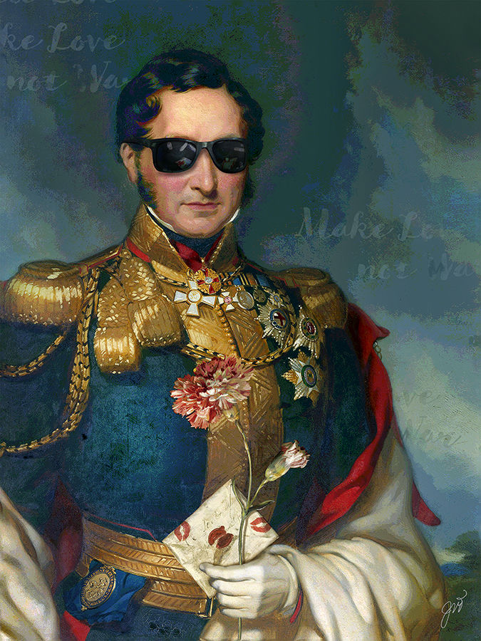 Make Love Not War is a print by Jackie Von Tobel featuring a decorated military man �� la Emperor Napoleon holding a rose and a love letter, the piece of wall art framed in gold