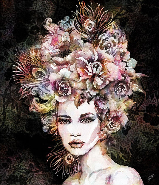 the Floralista IV print by Jackie Von Tobel, which was created for LeftBank Art where Jackie is a bestselling artist, framed in gold features a beautiful woman with peacock feathers and flowers in her hair like a lush headdress on a black background