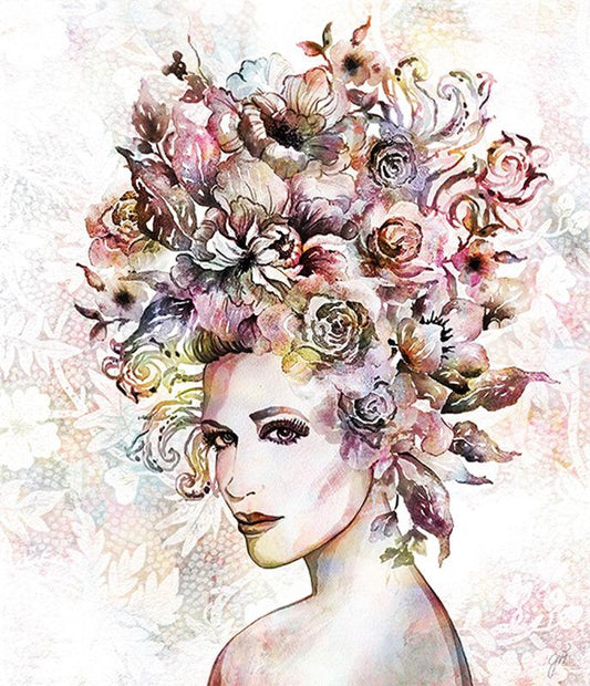 the Floralista III print by Jackie Von Tobel, which was created for LeftBank Art where Jackie is a bestselling artist, framed in gold features a beautiful woman with trailing vines and flowers in her hair like a lush headdress on a pastel background