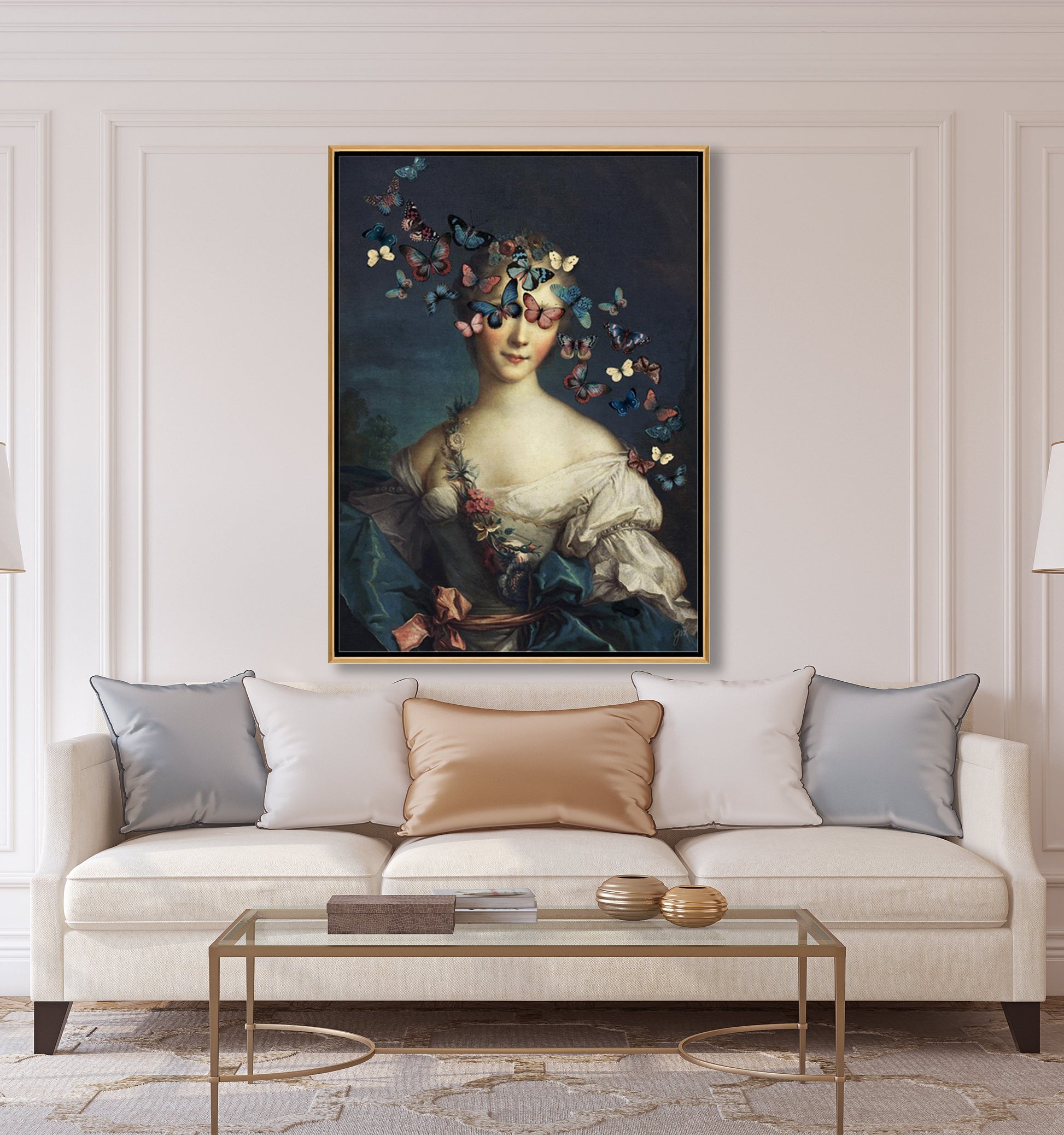 Madame Butterfly by Jackie Von Tobel is a fine art giclée of a young aristocrat whose vision is obscured by a kaleidoscope of butterflies, in a room setting hanging above a lovely modern white sofa.