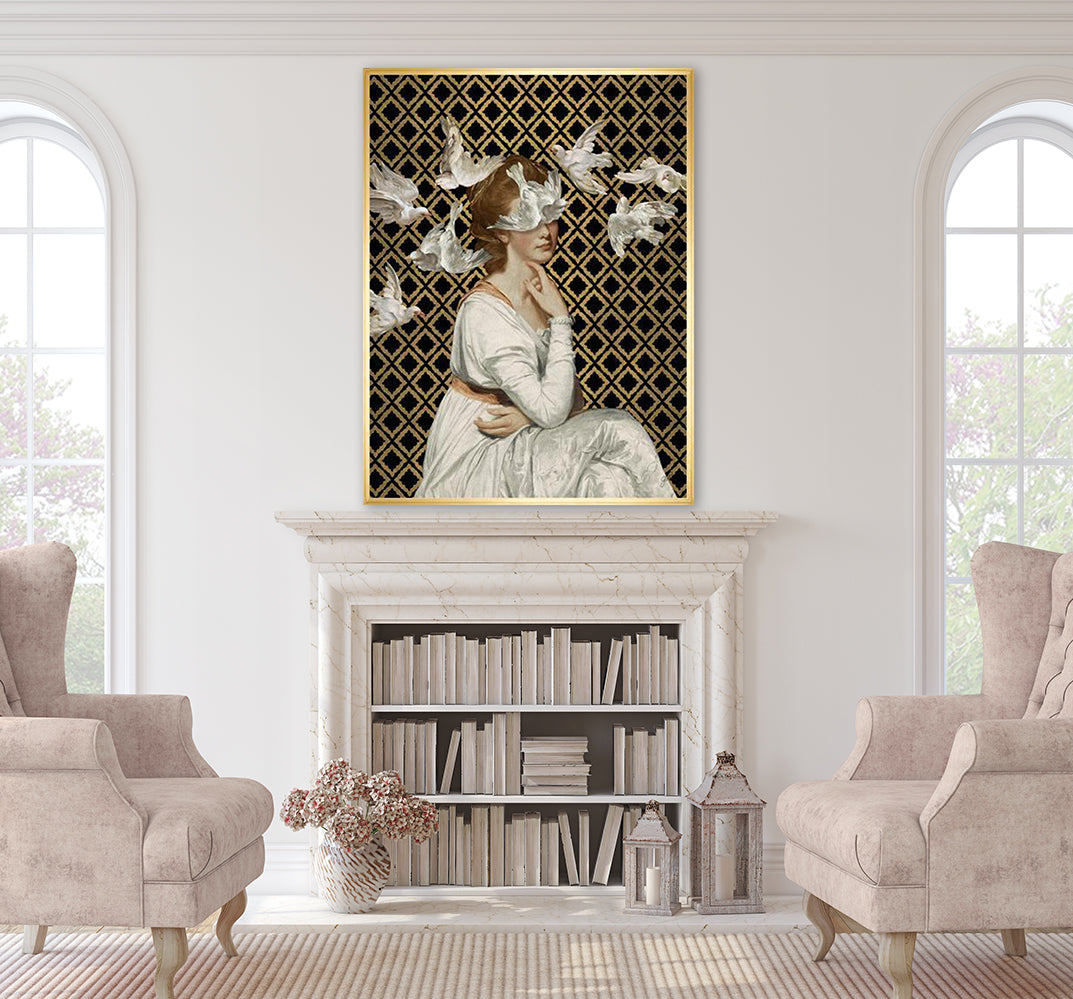 Love is Blind I in a modern living room setting illustrating how the print of the young woman in an ivory gown on a black and gold background is a powerful historical portrait with a contemporary twist.