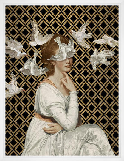 A flock of doves floats around a young woman in an ivory gown on a black and gold background in Jackie Von Tobel's fine art gicl��e Love is Blind I, the piece of wall art framed in black.