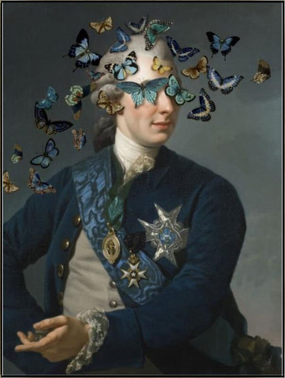 Blinded by the Flight by Jackie Von Tobel is a fine art giclée of a gentleman whose vision is obscured by a kaleidoscope of butterflies.