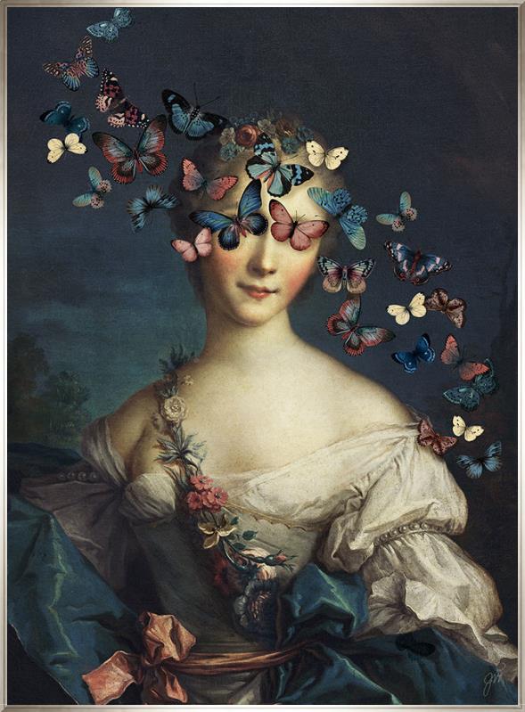 Madame Butterfly by Jackie Von Tobel is a fine art gicl��e of a young aristocrat whose vision is obscured by a kaleidoscope of butterflies, the piece of wall art framed in silver.