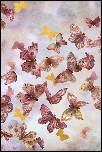 In Flight IV is a print by Jackie Von Tobel with a pale pink background fluttering with a kaleidoscope of dark pink and gold butterflies that was created for LeftBank Art where Jackie is a bestselling artist.