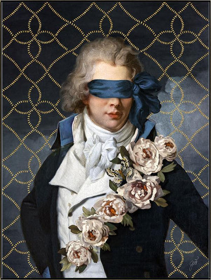 Secret Admirer by Jackie Von Tobel is a print of a gentleman whose vision is obscured by an artfully tied bow made of satin, the piece of wall art framed in gold.