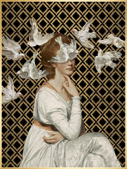 A flock of doves floats around a young woman in an ivory gown on a black and gold background in Jackie Von Tobel's fine art gicl��e Love is Blind I, the piece of wall art framed in gold.