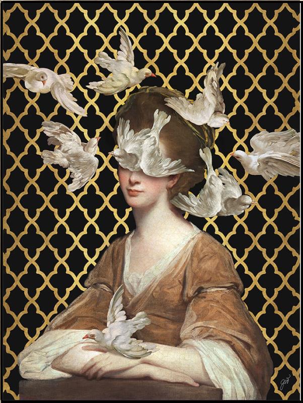 A flock of doves floats around a young woman in a terracotta-colored gown on a black and gold background in Jackie Von Tobel's print Love is Blind II, which was created for LeftBank Art where Jackie is a bestselling artist.