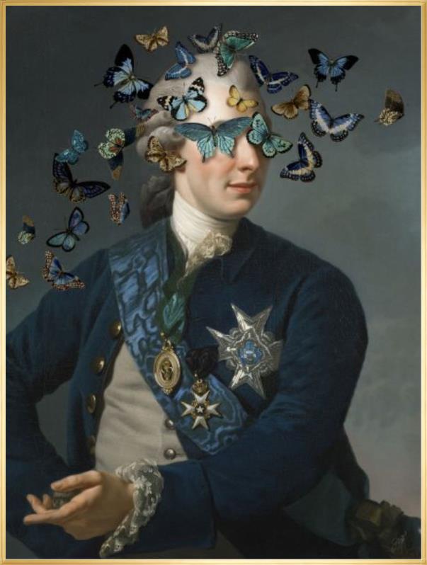 Blinded by the Flight by Jackie Von Tobel is a fine art giclée of a gentleman whose vision is obscured by a kaleidoscope of butterflies.