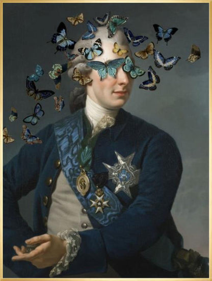 Blinded by the Flight by Jackie Von Tobel is a fine art giclée of a gentleman whose vision is obscured by a kaleidoscope of butterflies.