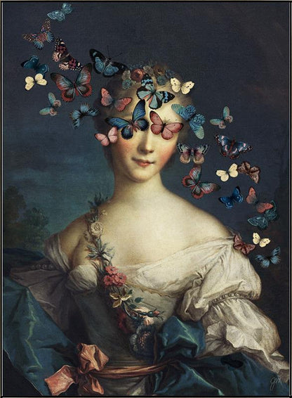 Madame Butterfly by Jackie Von Tobel is a fine art gicl��e of a young aristocrat whose vision is obscured by a kaleidoscope of butterflies, the piece of wall art framed in black and gold.