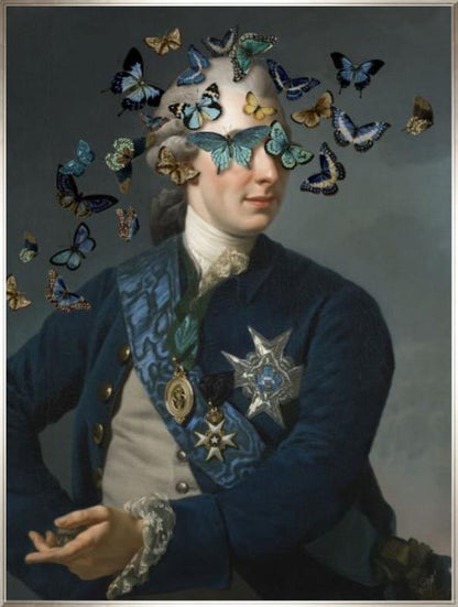 Blinded by the Flight by Jackie Von Tobel is a fine art giclée of a gentleman whose vision is obscured by a kaleidoscope of butterflies.