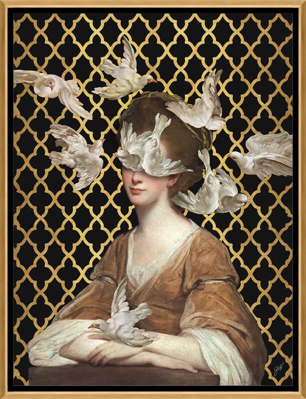 A flock of doves floats around a young woman in a terracotta-colored gown on a black and gold background in Jackie Von Tobel's print Love is Blind II, the piece of wall art framed in gold and black.