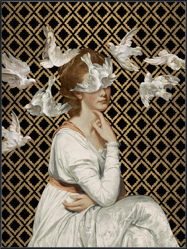 A flock of doves floats around a young woman in an ivory gown on a black and gold background in Jackie Von Tobel's fine art gicl��e Love is Blind I, the piece of wall art framed in black.