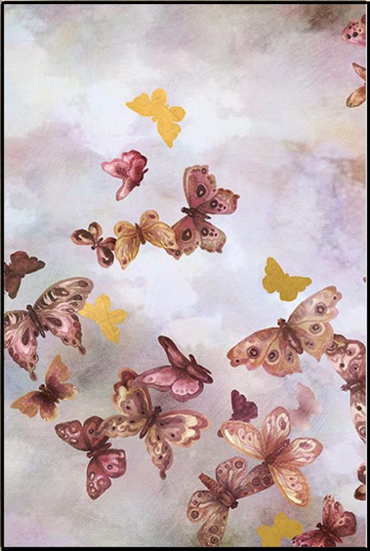 In Flight III is a print by Jackie Von Tobel with a pale pink background fluttering with a kaleidoscope of dark pink and gold butterflies that was created for LeftBank Art where Jackie is a bestselling artist.