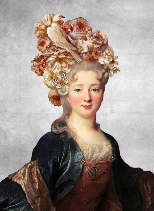 The Age of Innocence I by Jackie Von Tobel is a print of a left-facing young aristocrat with a floral headdress and luxurious gown.